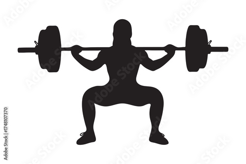 Silhouette shows person squatting with barbell resting across their shoulders against transparent background