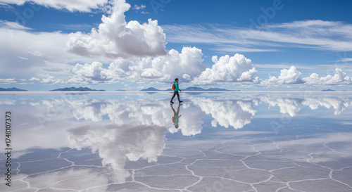 A person walking on the Salar de Uyuni salt flats in Bolivia