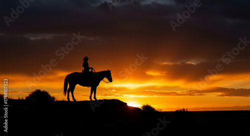 A lone cowboy on his horse on a ridge