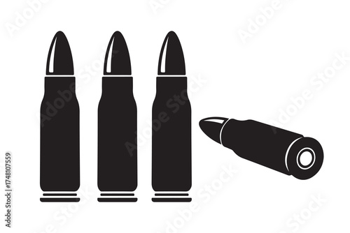 Three black bullets stand upright as another bullet lays horizontally; the background is transparent
