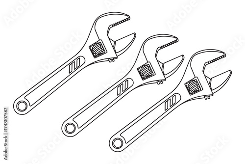 Three black outlined wrenches align at an angle on a transparent background