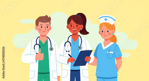 A diverse and dedicated team of smiling medical professionals, including doctors and a nurse, stands united against a cheerful yellow background, symbolizing essential healthcare teamwork