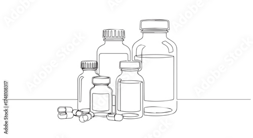 Sketch of various pharmaceutical bottles and pills, representing medication, treatment, and healthcare solutions, isolated on transparent background
