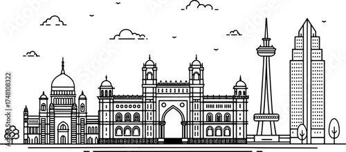 Vector Sketch of Mumbai Skyline with Iconic Landmarks like Gateway of India, Taj Palace, Bandra–Worli Sea Link, CST Terminal, and Marine Drive — For Poster Art and City Illustration Design
