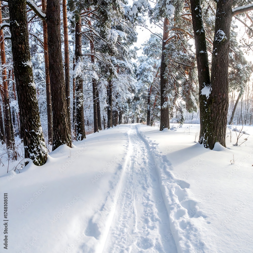 Fototapeta premium Snowy path through a pine forest. Sunlight filters through the trees