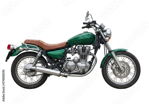 Fotografie Isolated vintage motorcycle on display from the side, a classic cruiser with a g