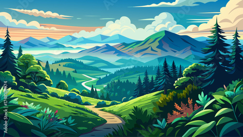 Very beautiful panoramic view of Pisgah National Forest in North Carolina, USA, vector-style landscape showcasing lush greenery, distant mountains, and serene natural beauty.