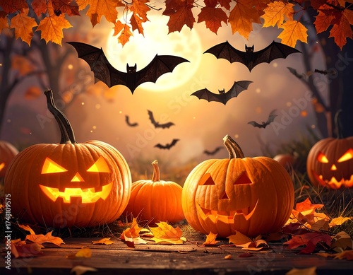 Halloween pumpkins under a full moon, surrounded by autumn leaves and bats