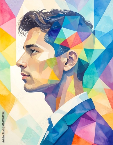 Profile portrait of a man, geometrically stylized.  Colorful triangles and shapes  compose the background and head