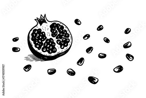 Pomegranate fruit vector engraving style illustration