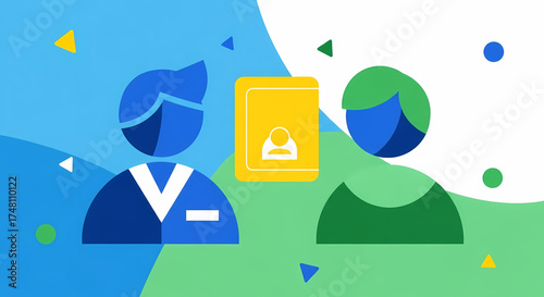 Vibrant digital illustration showcasing two stylized individuals engaged in professional communication, highlighted by a central contact book icon, symbolizing strong networking, client relations