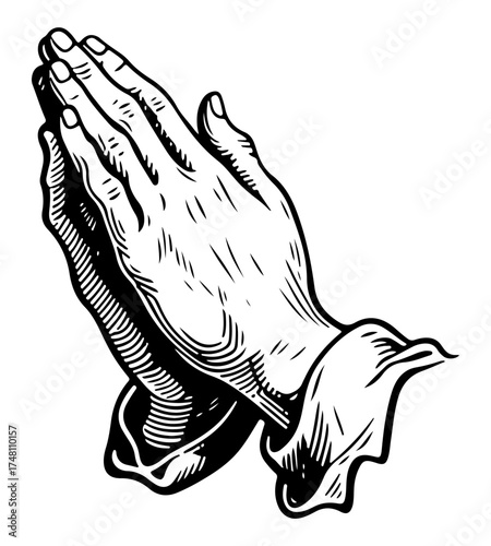 Pray hands gesture. Vector engraving style illustration