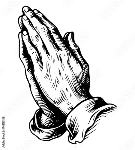Pray hands gesture. Vector engraving style illustration
