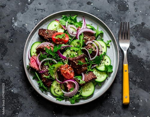 Beef and cucumber salad on a plate