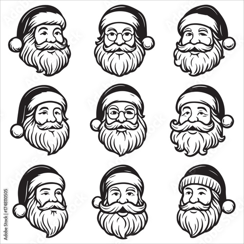 a jolly santa claus mascot logo vector illustration line art,Cheerful Santa Claus Head Cartoon Black and White Line Art Illustration Festive Holiday Season,