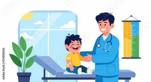 A young boy smiling and laughing during a routine check-up with a friendly male pediatrician in a bright, modern doctor's office, highlighting a positive and reassuring medical experience for children