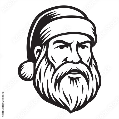 a jolly santa claus mascot logo vector illustration line art,Cheerful Santa Claus Head Cartoon Black and White Line Art Illustration Festive Holiday Season,