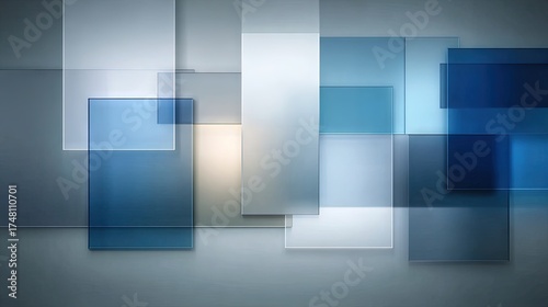 Layered translucent rectangles in blue and gray tones forming a balanced geometric composition, representing clarity, structure, and digital minimalism