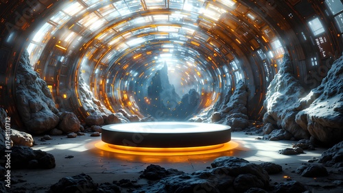 A glowing product podium inside a circular, high-tech sci-fi tunnel with illuminated panels, overlooking a snowy, rocky landscape.