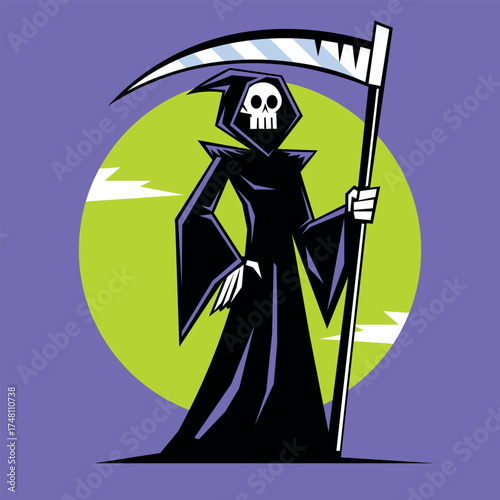 A stylized cartoon grim reaper stands confidently with a large scythe, set against a vibrant green circle and a solid purple background