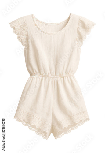 Lace-trimmed romper featuring cap sleeves and scalloped edges for a soft look.
