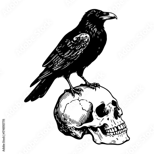 Raven standing on a skull. Vector engraving style illustration
