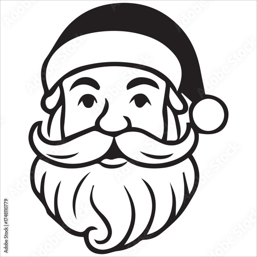 a jolly santa claus mascot logo vector illustration line art,Cheerful Santa Claus Head Cartoon Black and White Line Art Illustration Festive Holiday Season,