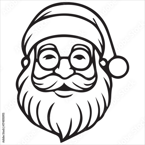 a jolly santa claus mascot logo vector illustration line art,Cheerful Santa Claus Head Cartoon Black and White Line Art Illustration Festive Holiday Season,