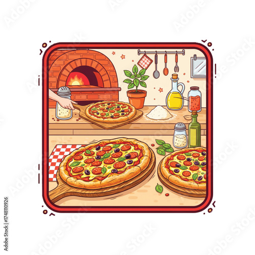 Traditional Italian Pizzeria Kitchen with Freshly Baked Pizzas
