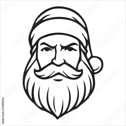 a jolly santa claus mascot logo vector illustration line art,Cheerful Santa Claus Head Cartoon Black and White Line Art Illustration Festive Holiday Season,