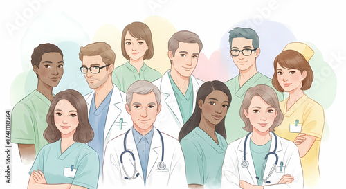 A diverse team of dedicated healthcare professionals, including doctors and nurses, standing united with a friendly demeanor, symbolizing compassionate patient care and a supportive medical community