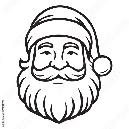 a jolly santa claus mascot logo vector illustration line art,Cheerful Santa Claus Head Cartoon Black and White Line Art Illustration Festive Holiday Season,