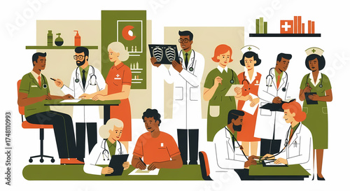 Diverse healthcare professionals collaborating in a modern medical facility, showcasing a team of doctors and nurses engaged in discussions, examining patient data, and providing essential health