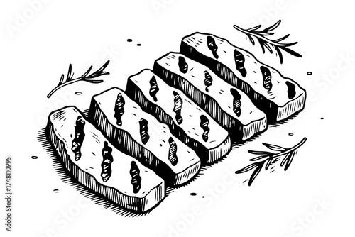 Seitan foods vector engraving style illustration