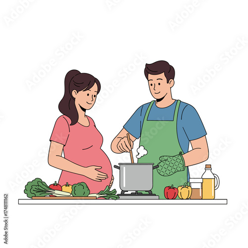 A pregnant woman and her partner happily cooking a healthy meal together in the kitchen.