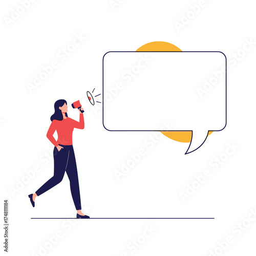 A woman in a red shirt speaking into a megaphone with a large speech bubble next to her.