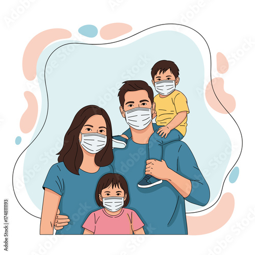 A loving family wearing protective masks during a global health crisis keeping each other safe together.