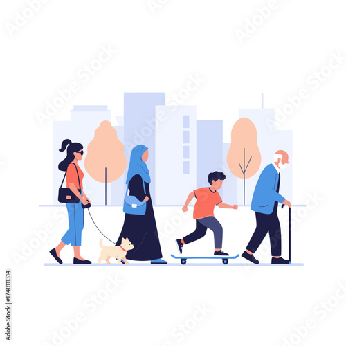 Diverse group of people enjoying a walk in the city park on a sunny day.