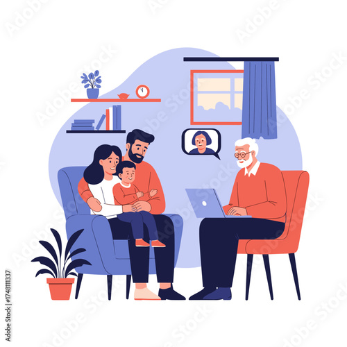 Family connects with elderly relative through video call on a laptop.