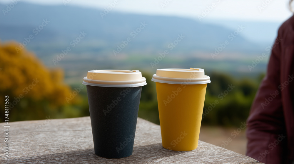 Obraz premium Reusable coffee cups on wooden table outdoors mountain landscape in background eco friendly lifestyle travel sustainable colorful cups relaxed atmosphere morning light