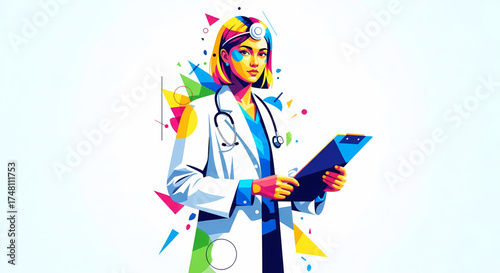 A vibrant and dynamic digital illustration of a professional female doctor, rendered with abstract geometric shapes and bright hues, symbolizing modern healthcare and dedicated medical service