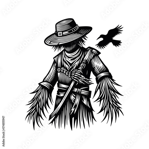 Spooky Scarecrow with Crow Vector Illustration