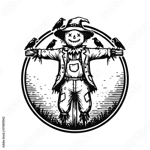 Scarecrow with Crows in Black and White Illustration