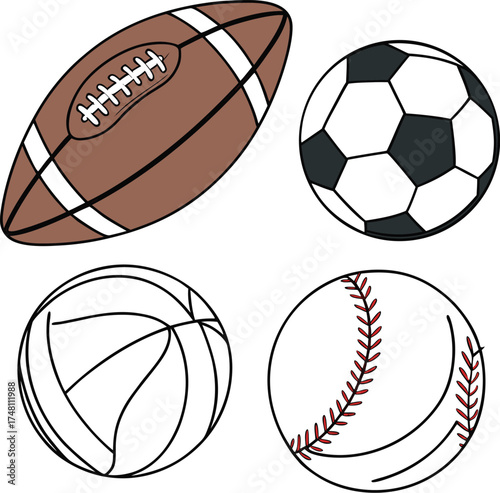 High Quality 3D Render of Nine Sports Balls Football Volleyball, Soccer and Badminton 