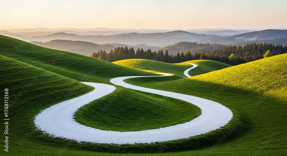 Naklejka premium Winding Country Path Through Rolling Green Hills at Sunrise