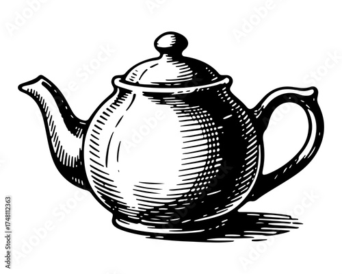 Teapot. Vector engraving style illustration