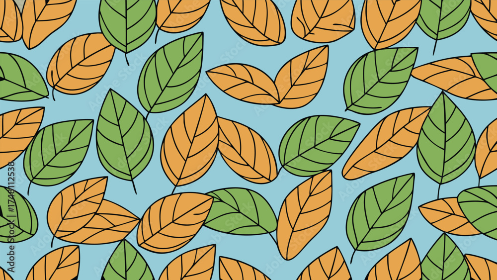 Fototapeta premium Green and orange leaves pattern on blue background seamless