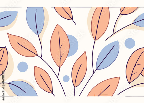 Abstract botanical pattern with peach and blue leaves seamless pattern sketch
