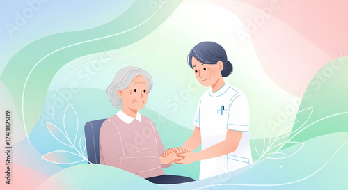 Dedicated healthcare professional providing compassionate and gentle care to an elderly woman, symbolizing support, well-being, and respect in a nurturing medical environment
