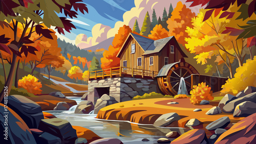 Very beautiful Babcock State Park in West Virginia, USA, featuring the iconic Glade Creek Grist Mill, vector-style landscape highlighting autumn colors, rustic charm, and serene forest surroundings